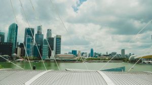 Singapore skyline with cloudy skies and water.