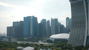 Modern skyscrapers in a bustling city skyline