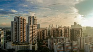 a view of a city with tall buildings