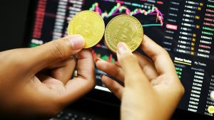 person holding gold round coin