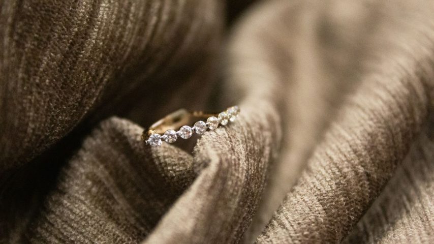 A close up of a ring on a fabric